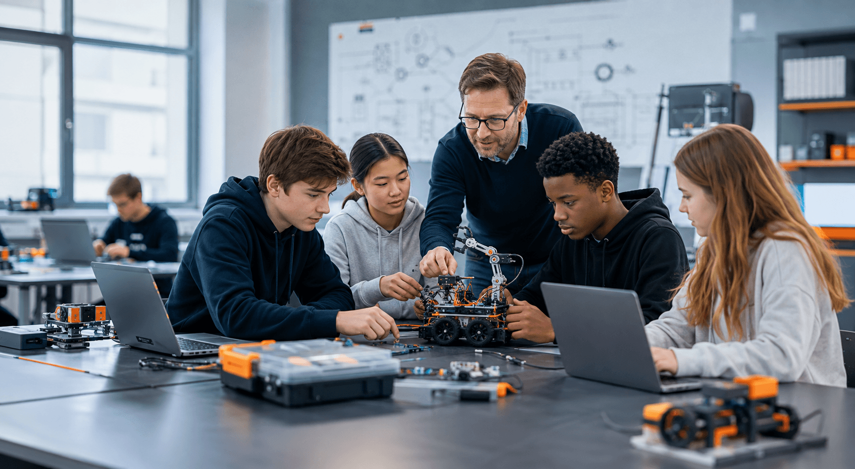 Modern robotics and STEM learning space with students programming robots